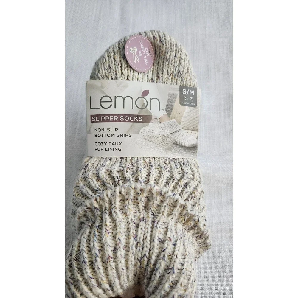 Lemon Women's S/M 5-7 Knitted Slipper Socks Non-Slip Cozy Faux Fur Lining NWT B4